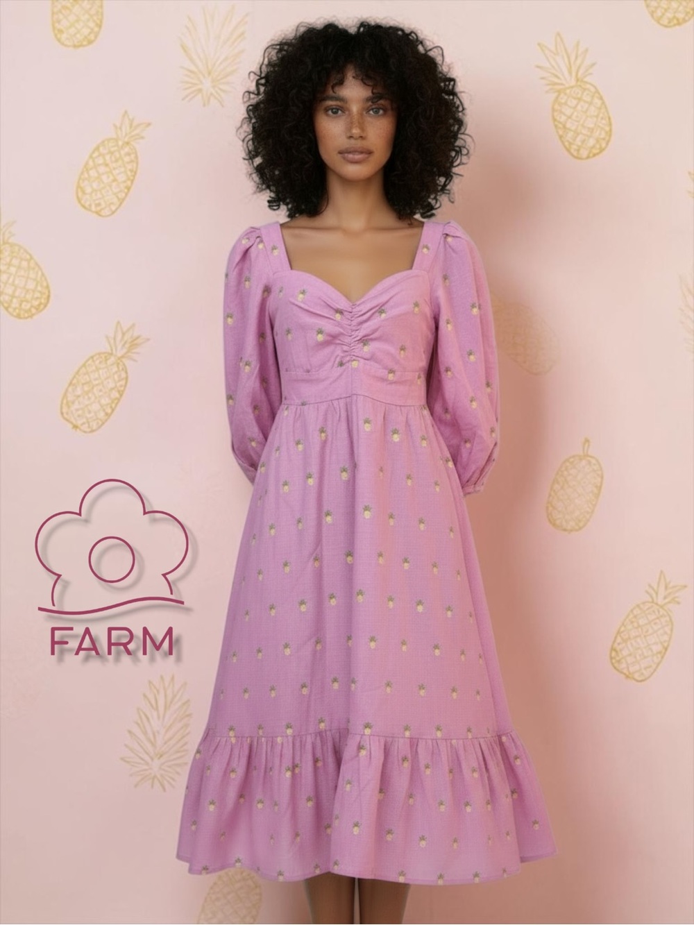 NWT FARM Rio Pink Embroidered Pineapples Linen Midi Dress XS